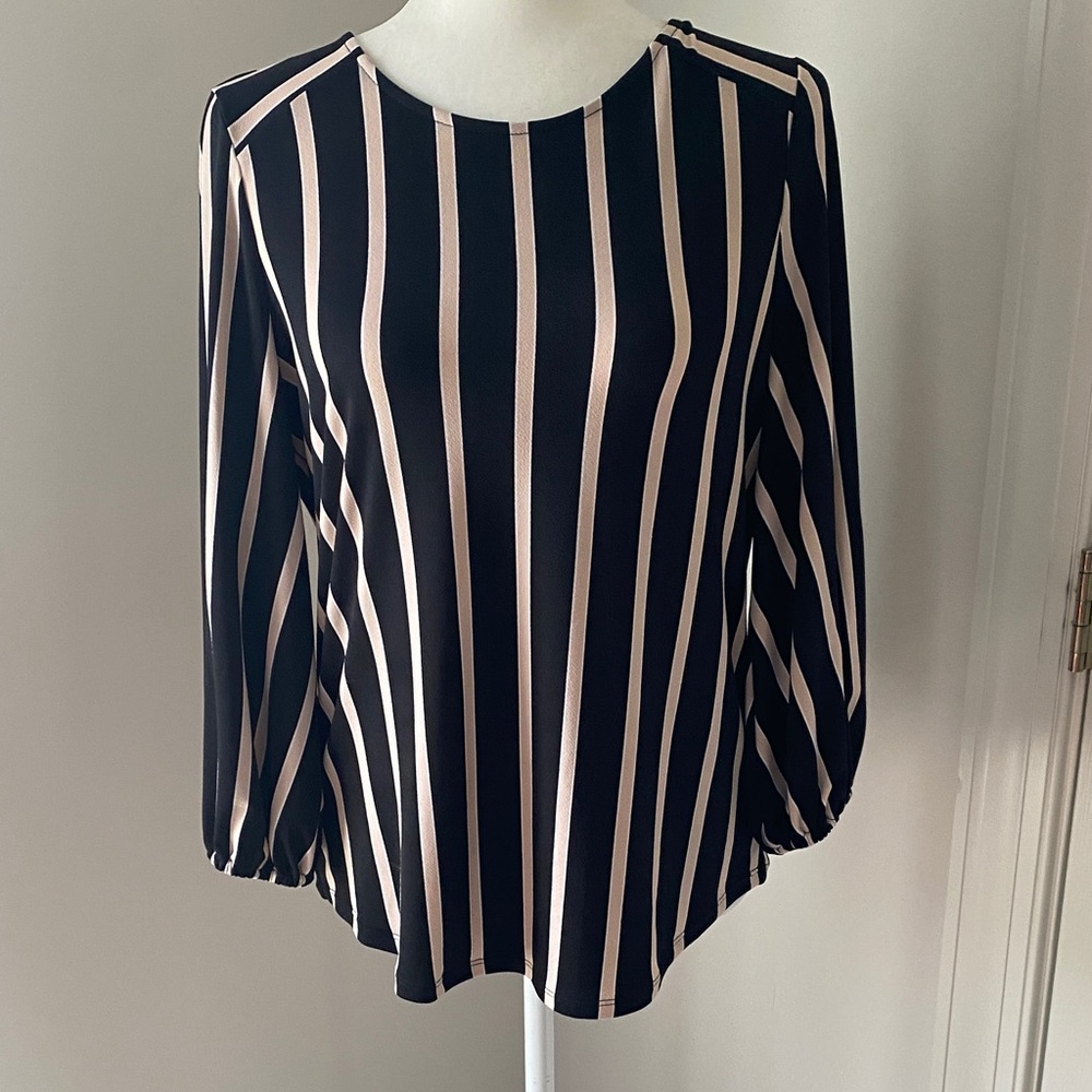 Adrianna Papell Black and Cream Striped Blouse
